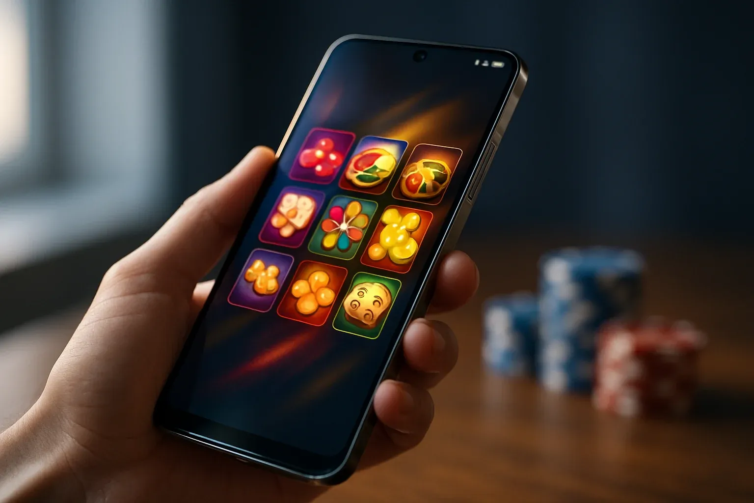 Hyperrealistic flagship Android smartphone showing premium casino app interface, dark blue background
