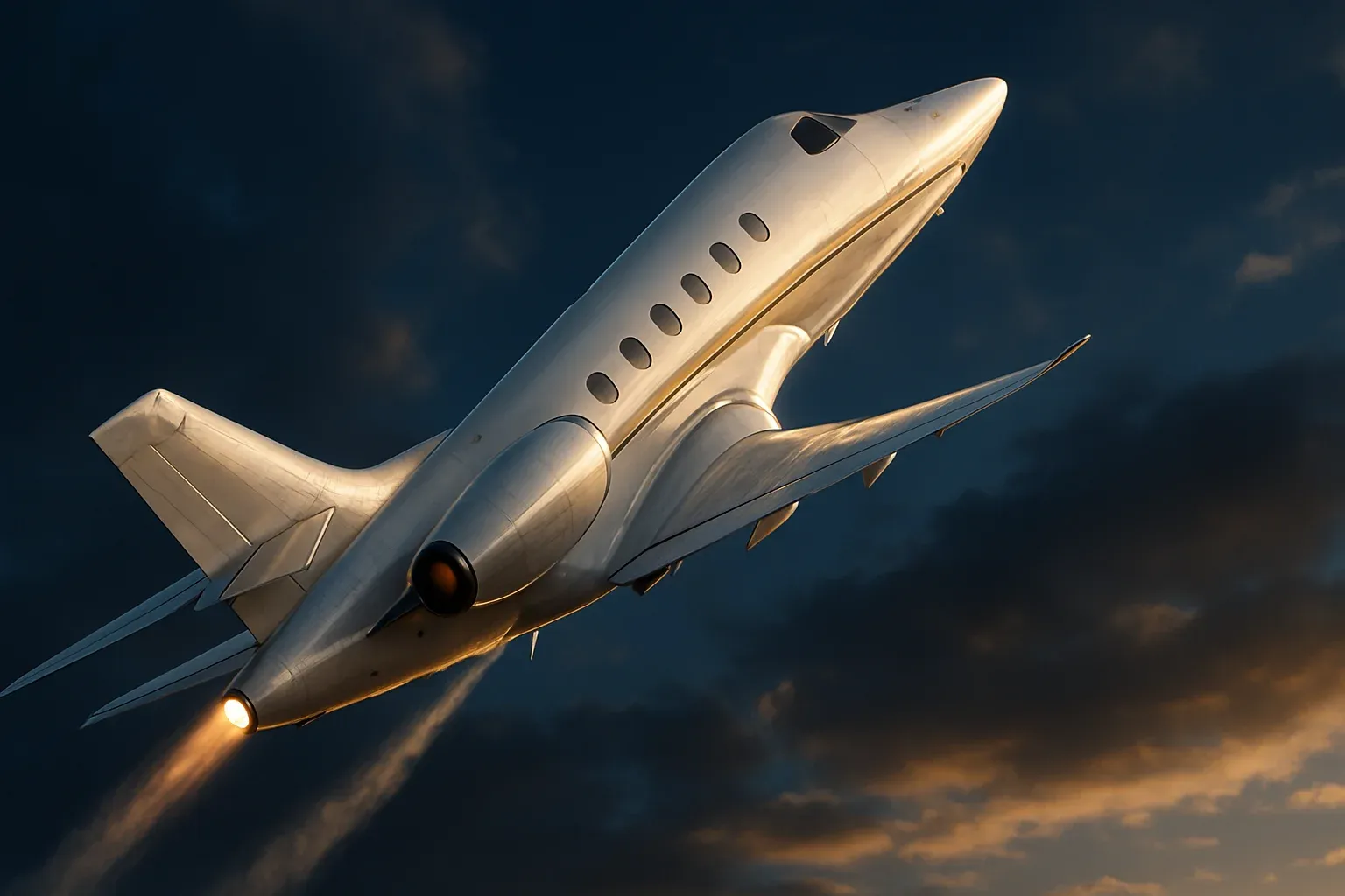 Hyperrealistic white jet climbing steeply in deep blue sky with contrails