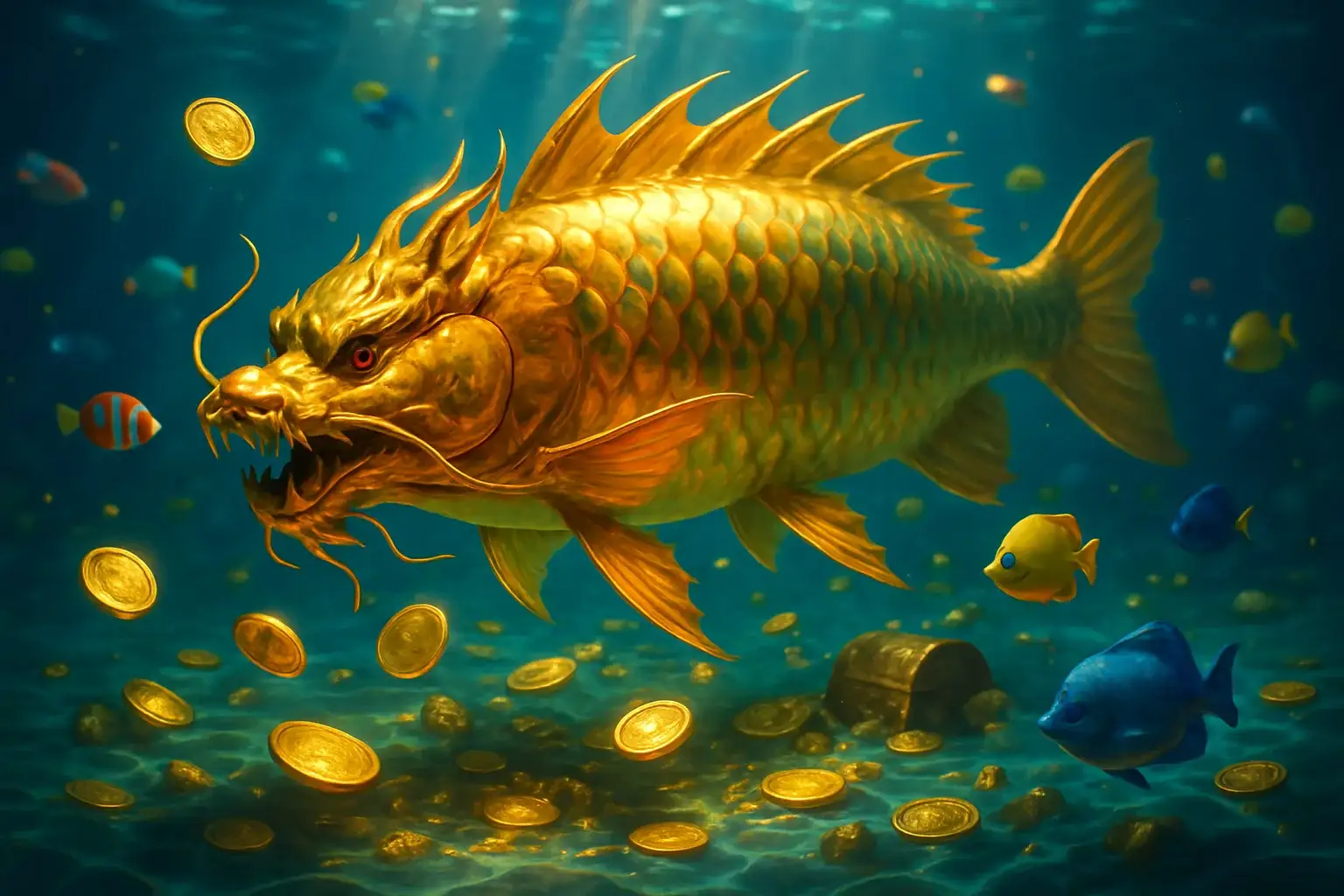 Hyperrealistic underwater golden dragon fish with glowing coins and treasure