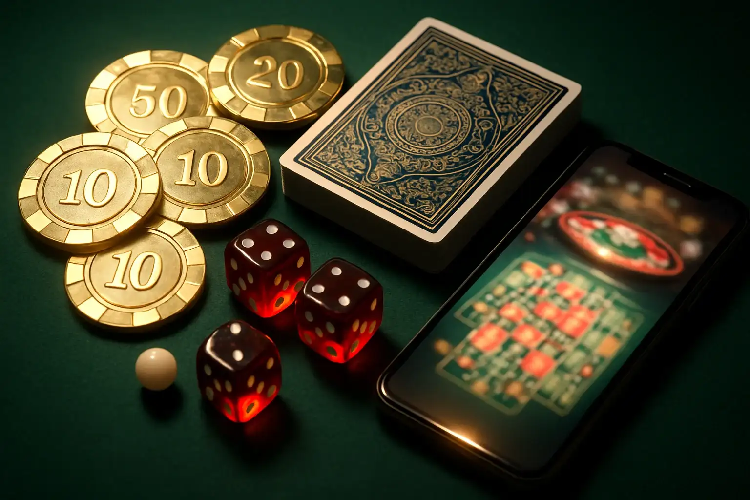 Top-down casino table with golden chips, cards, dice, roulette ball, smartphone