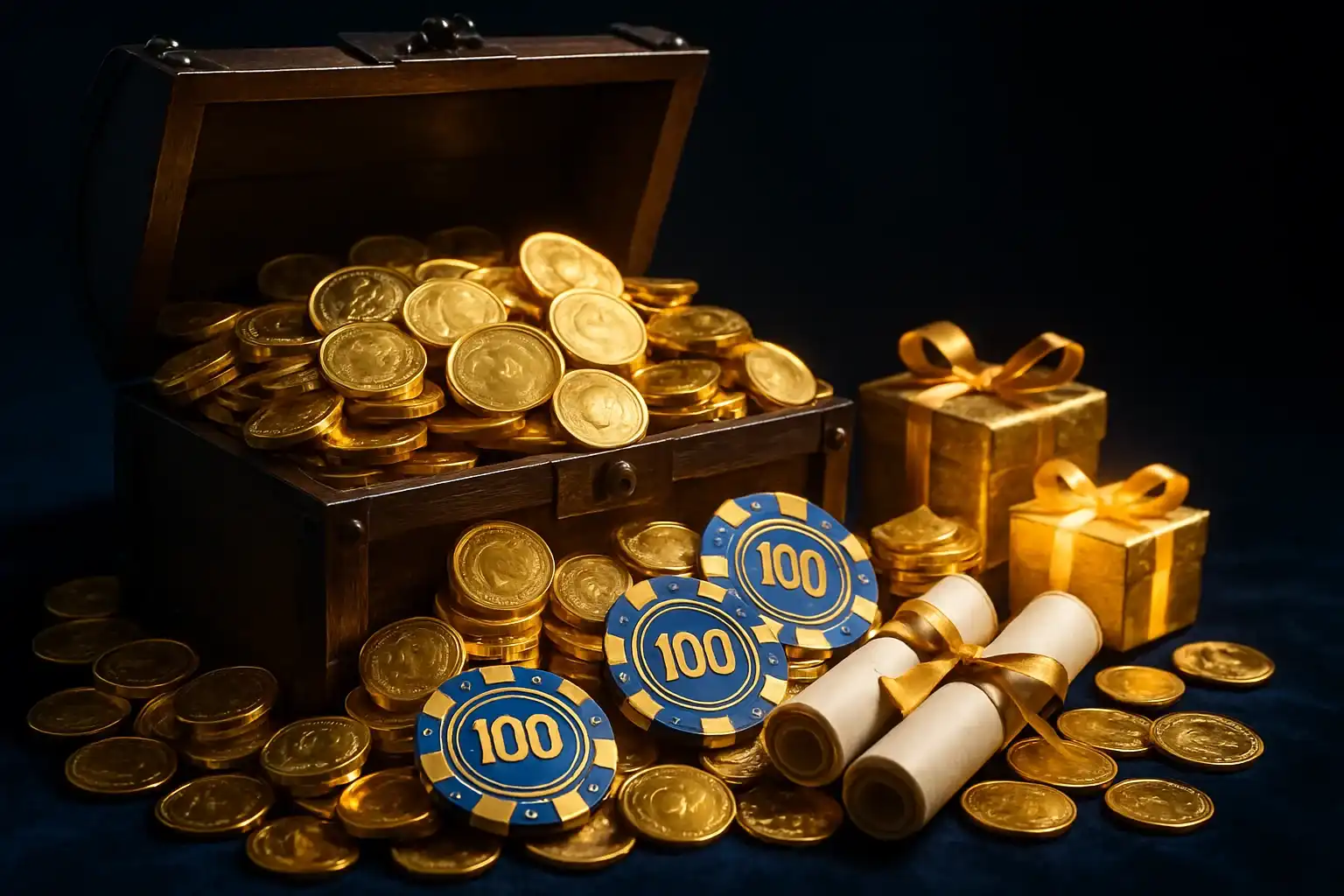Cinematic treasure chest with gold coins, casino chips, vouchers, and gift boxes