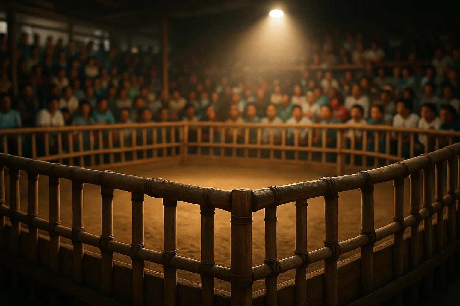 Hyperrealistic wide shot of Philippine sabong cockpit with spotlighted empty sand pit