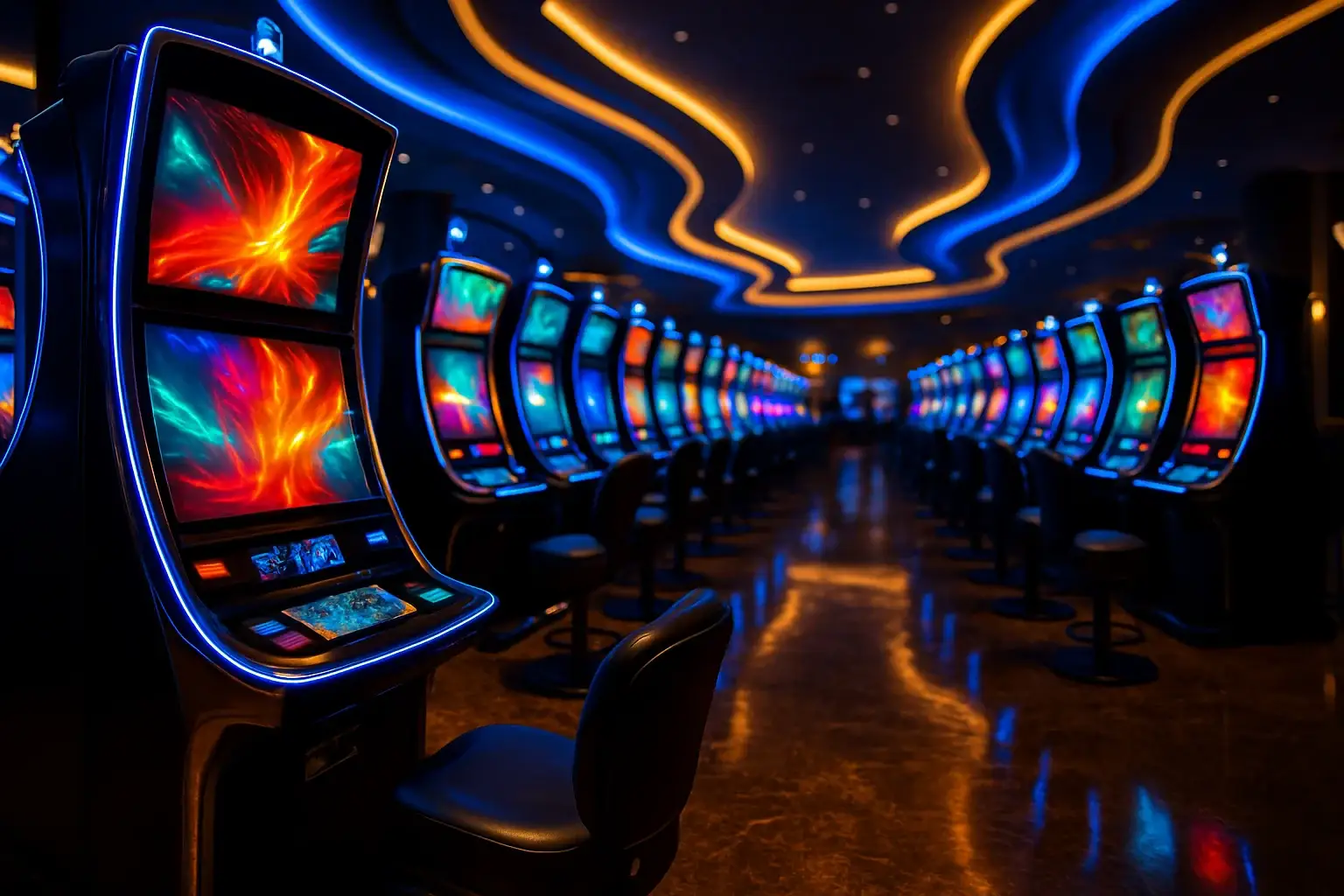 Hyperrealistic wide shot of Manila casino slots floor with blue gold lighting