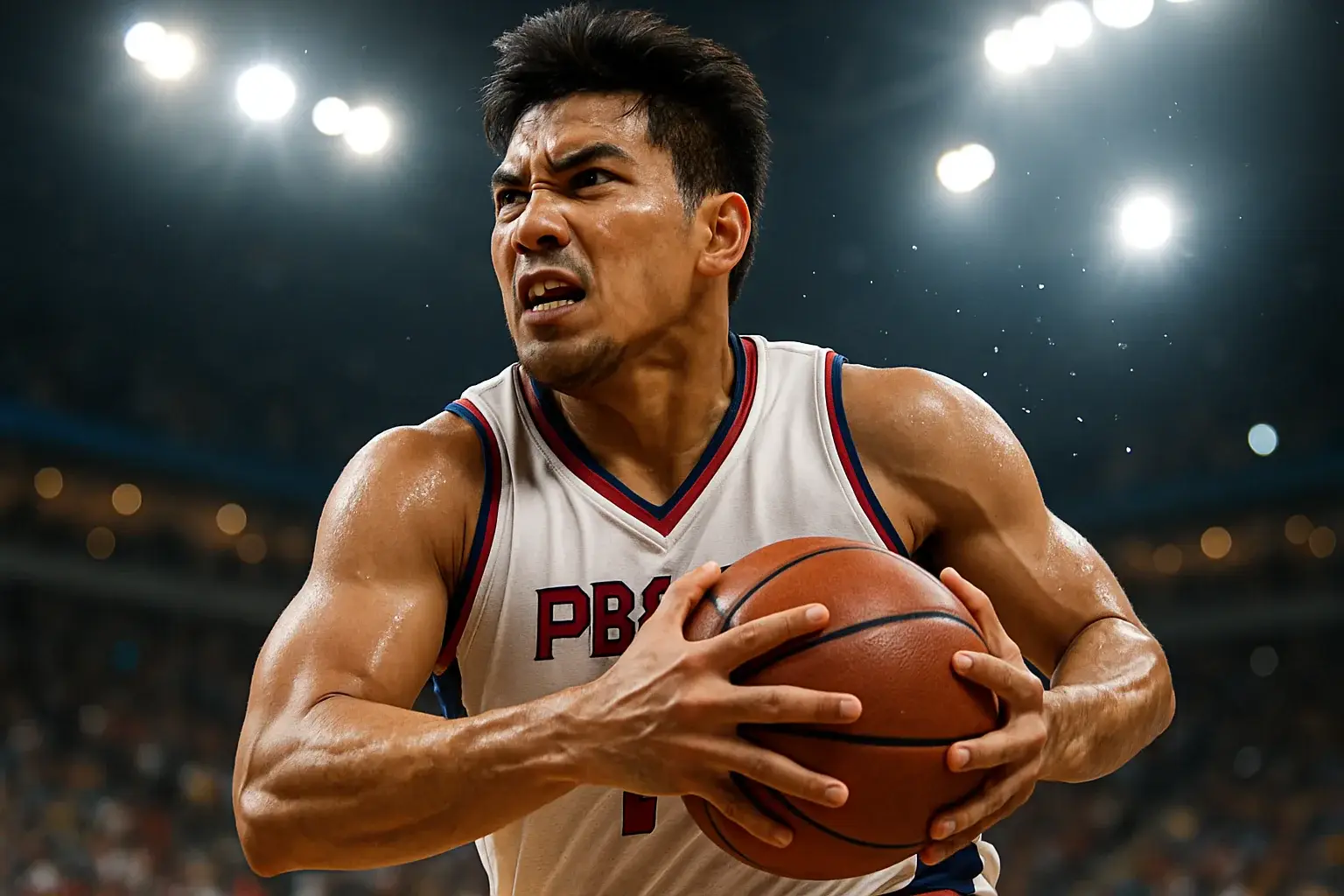 Filipino PBA player mid-air power drive, ball pressed to chest